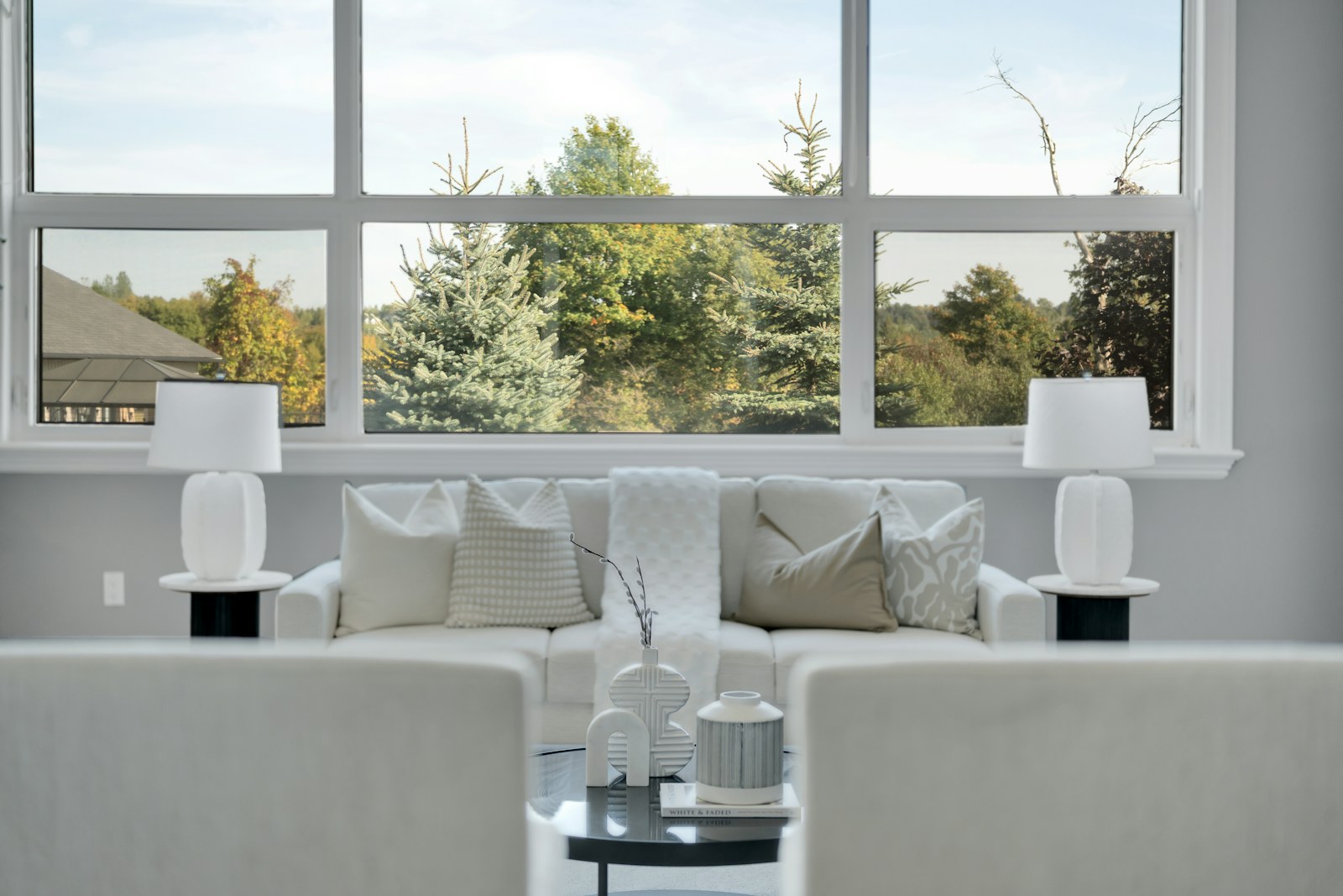 Beautiful modern living room with large windows