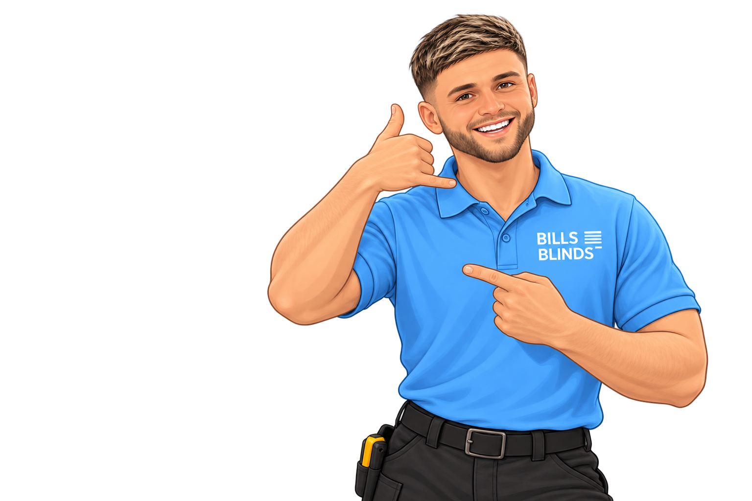 Cartoon Billy from Bills Blinds inviting customers to call, with a cheerful phone-hand gesture
